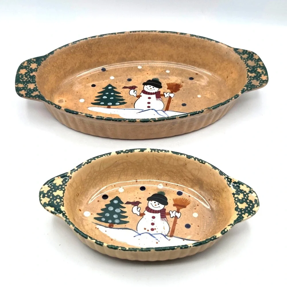 Country Snowman Stoneware Oval Casseroles Dishes - Set of 2 - Green Spongeware